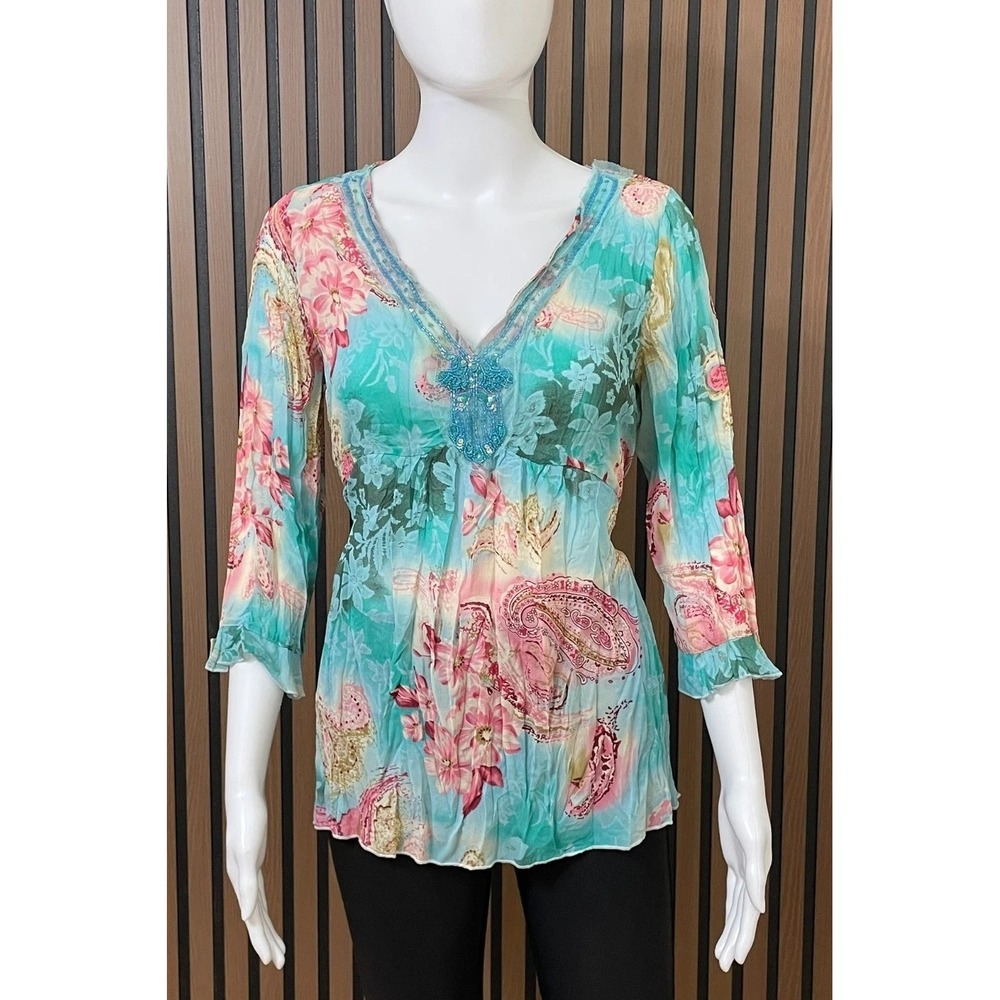 Mds Women's M Blue Top Babydoll Blouse Sequin Beaded Y2k Vintage Fairy Boho Chic